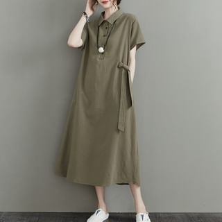 INEN Short Sleeve Lapel Neck Plain Midi Polo Dress Sale