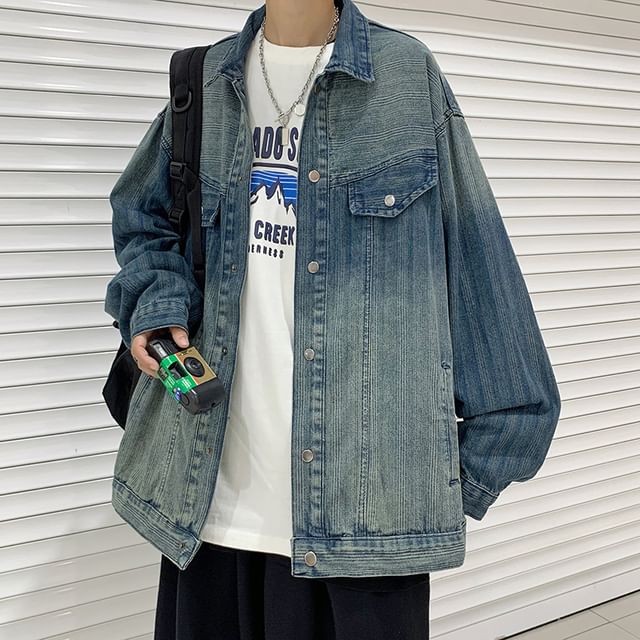 Trimecca-Collared Gradient Washed Button-Up Denim Jacket