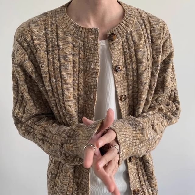 Savenne-Round Neck Melange Cable Knit Cardigan