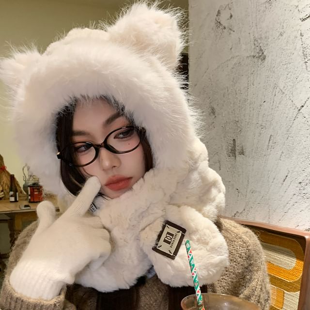 FROME-Ear Hooded Fluffy Plain Scarf