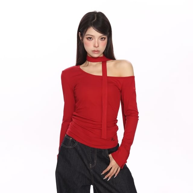 Berrytrix-Long Sleeve One Shoulder Plain Ruched Top