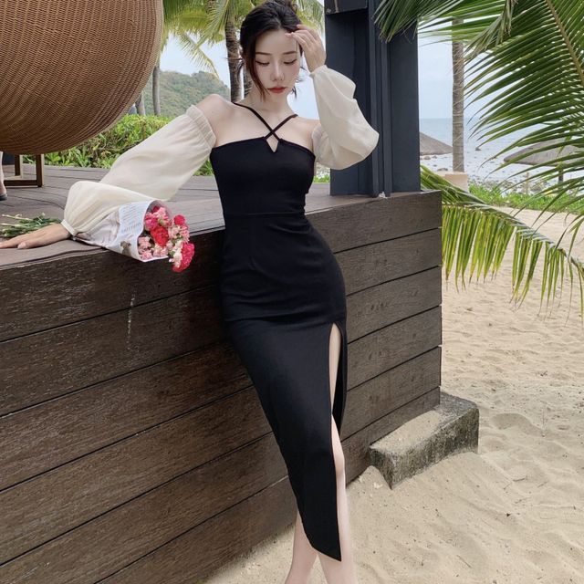 Halter-Neck Off-Shoulder Chiffon Panel Side-Slit Knit Dress