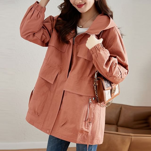 INEN-Plain Hooded Zip Jacket