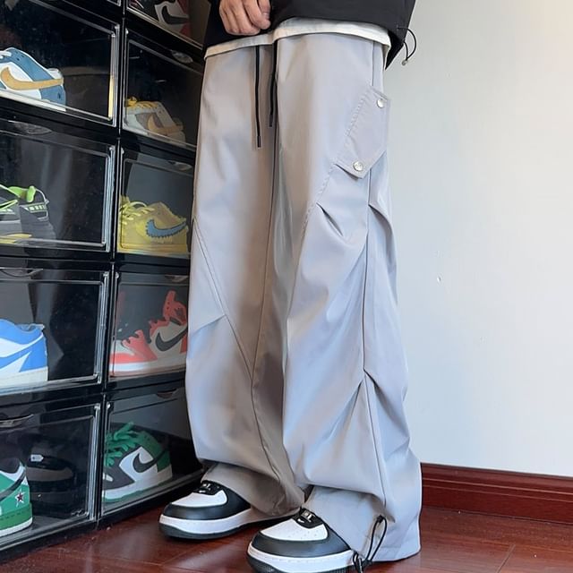 Kimeya-Drawstring Waist Plain Straight Leg Parachute Pants