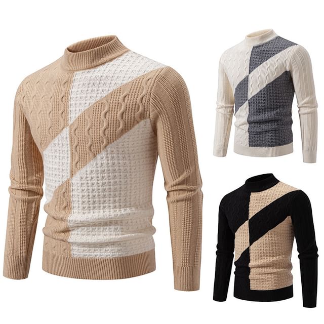 Blueforce-Long-Sleeve Mock Neck Two Tone Knit Top