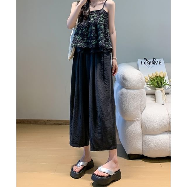 evanesce-High Rise Plain Pocketed Drawstring Wide Leg Crop Sweatpants
