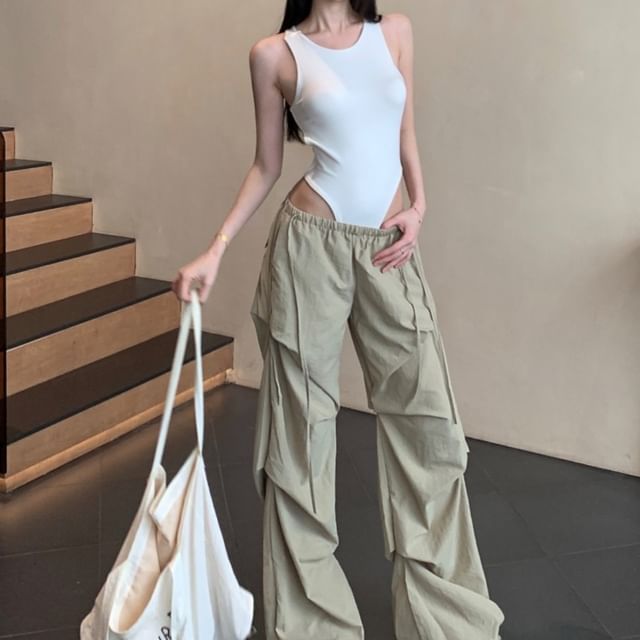 Metonymph-Sleeveless Round Neck Plain Bodysuit Top Drawstring Waist Plain Ruched Baggy Pants