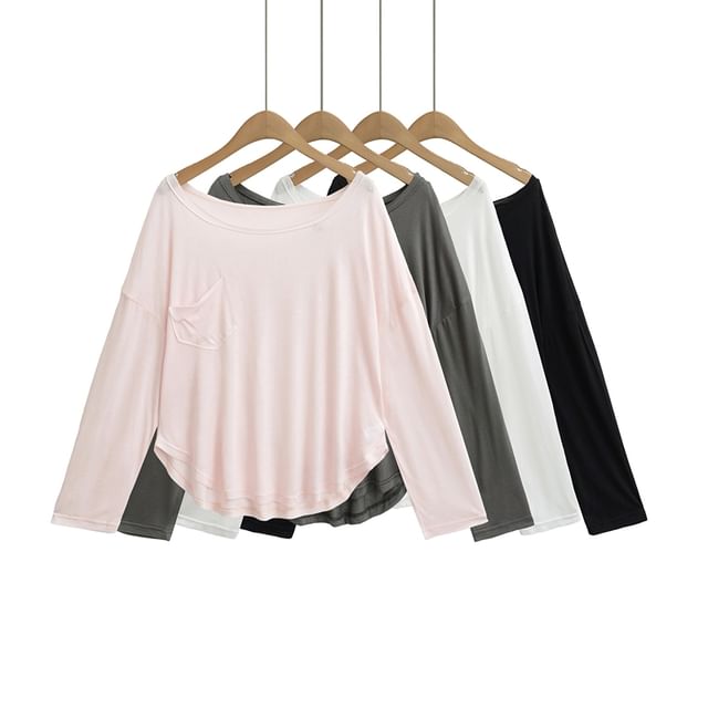 Ulark-Long-Sleeve Boat Neck Plain Tee