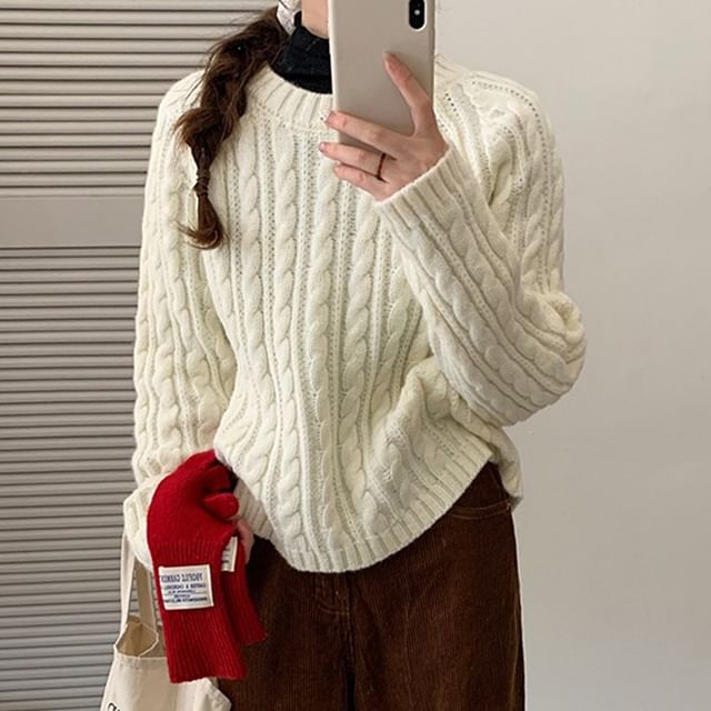FR-Crew Neck Plain Cable Knit Sweater