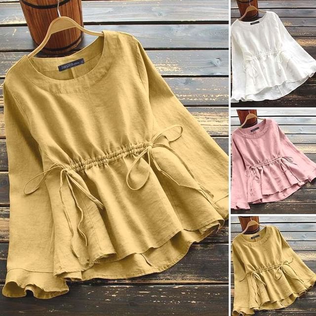 MIKIGA-Long-Sleeve Round Neck Plain Peplum Blouse