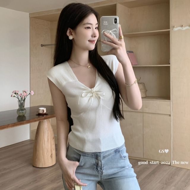 OUREA-Sleeveless V-Neck Bowknot Cap Knit Top