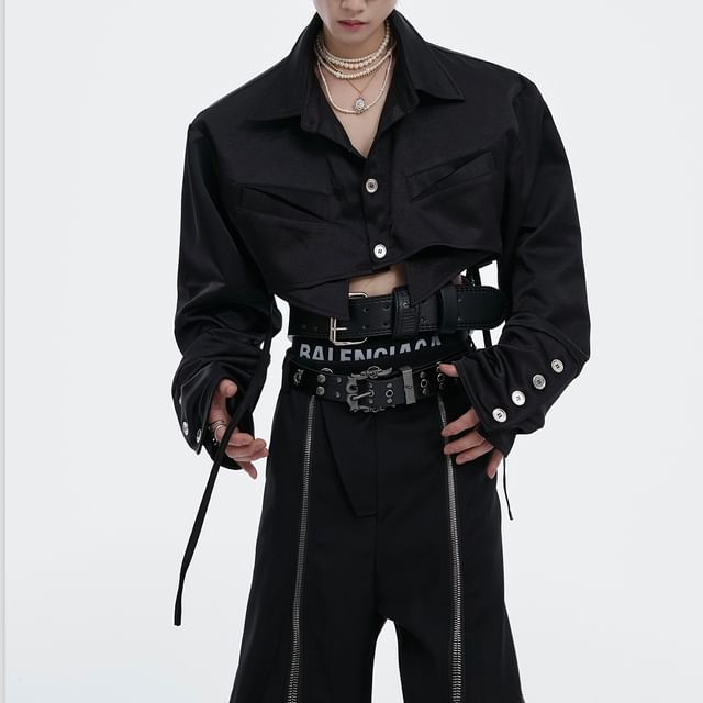 kooklay-Long-Sleeve Plain Asymmetrical Crop Shirt