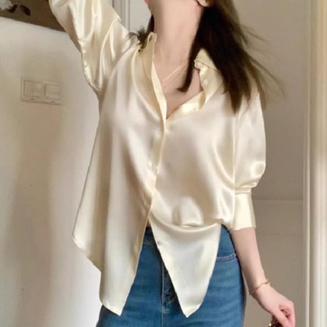 Yako-Long-Sleeve Button-Up Plain Satin Shirt