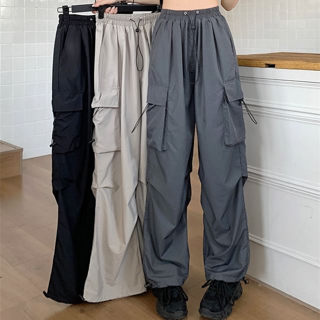Yako-Drawstring Waist Plain Wide Leg Cargo Pants