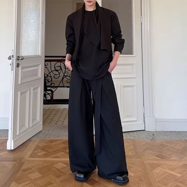 Omozando-Long-Sleeve Round Neck Plain Asymmetrical Shirt