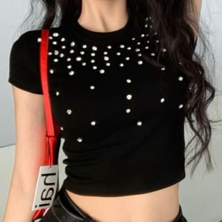 monroll-Short-Sleeve Crewneck Rhinestone Crop Tee
