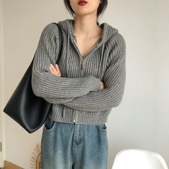 INEN-Plain Hood Ribbed Zip Cardigan