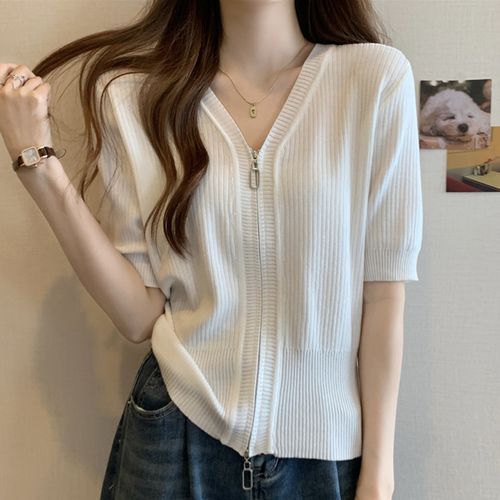 Short-Sleeve Zip-Up Plain Knit Top