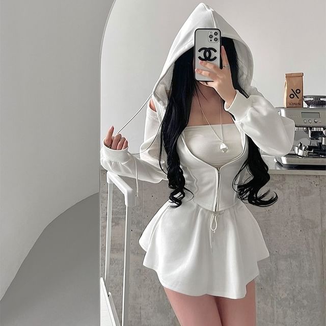 RainGirl-Set Plain Hooded Zip Jacket High Waist Skort