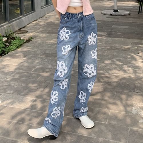 Relaxed Fit Floral Print Jeans