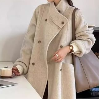 MIKIGA-Stand Collar Plain Double-Breasted Coat