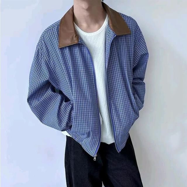 GRAYCIOUS-Contrast Collar Plaid Zip-Up Jacket