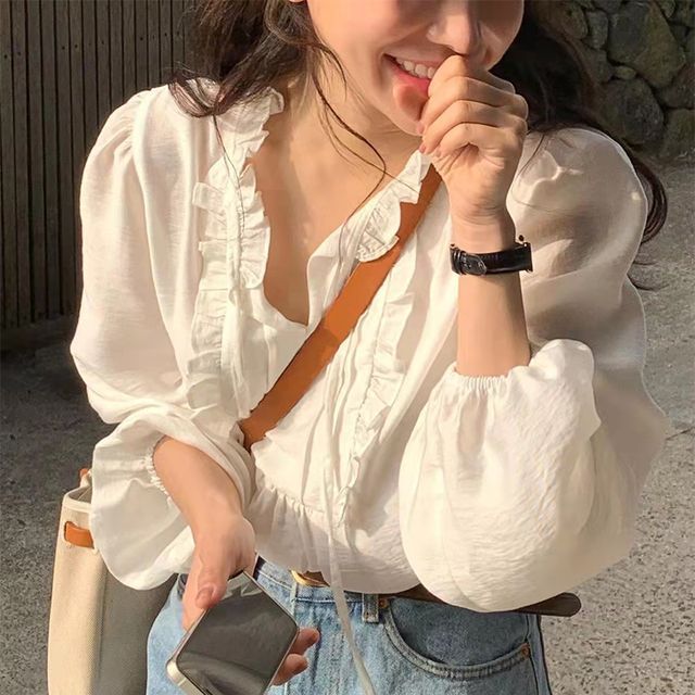 Everose-V-Neck Ruffle Trim Blouse