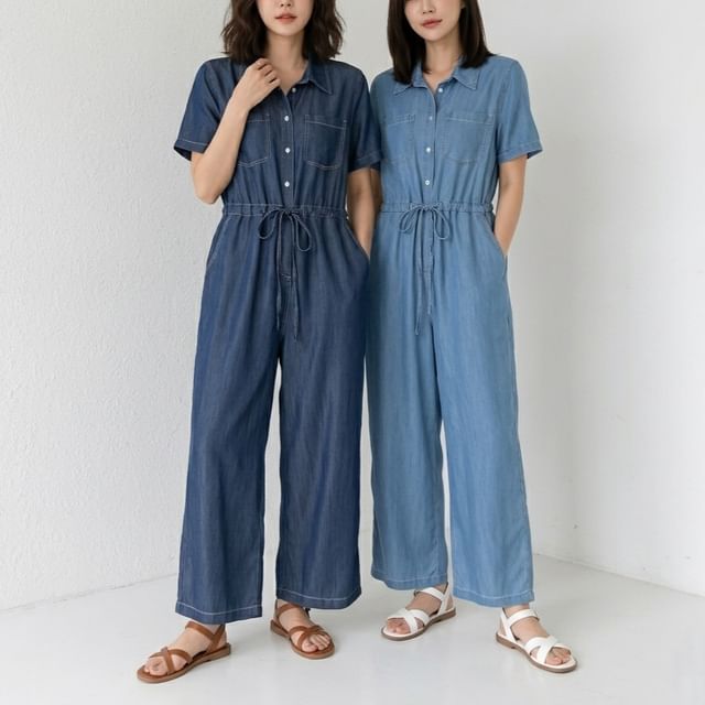 CICIRA-Short-Sleeve Button-Up Drawstring Denim Jumpsuit
