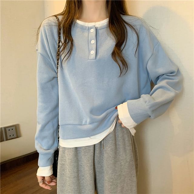 Sienne-Round Neck Henley Mock Two-Piece Two Tone Pullover