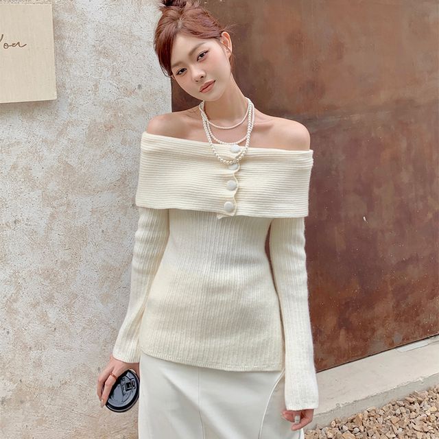 Everose-Long-Sleeve Off Shoulder Folded Button Accent Plain Ribbed Knit Top