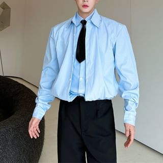 Omozando-Mock Two-Piece Long-Sleeve Plain Shirt