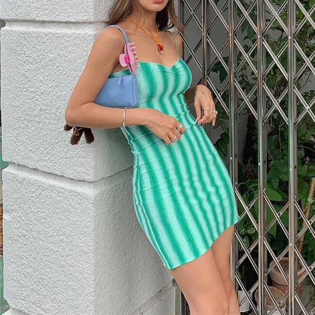 Bababy-Spaghetti Strap Striped Mini Sheath Dress