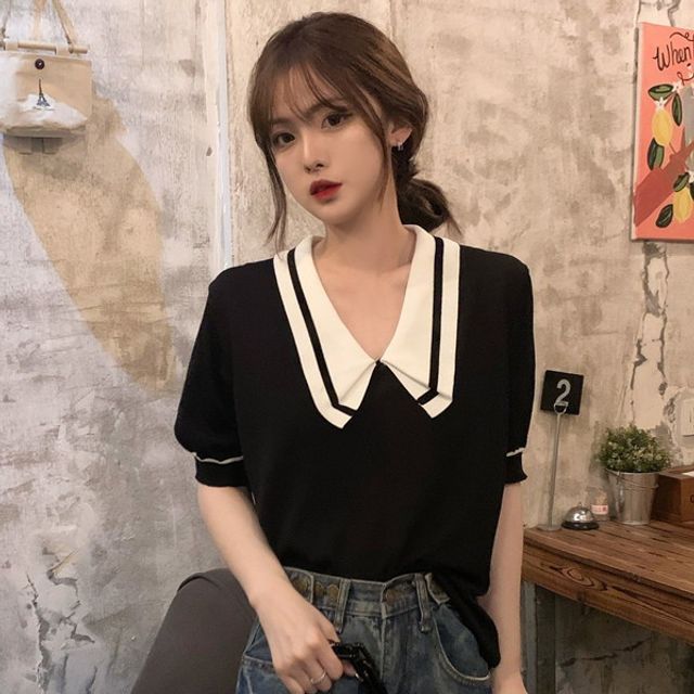 Gilmort-Balloon-Sleeve Polo Knit Top