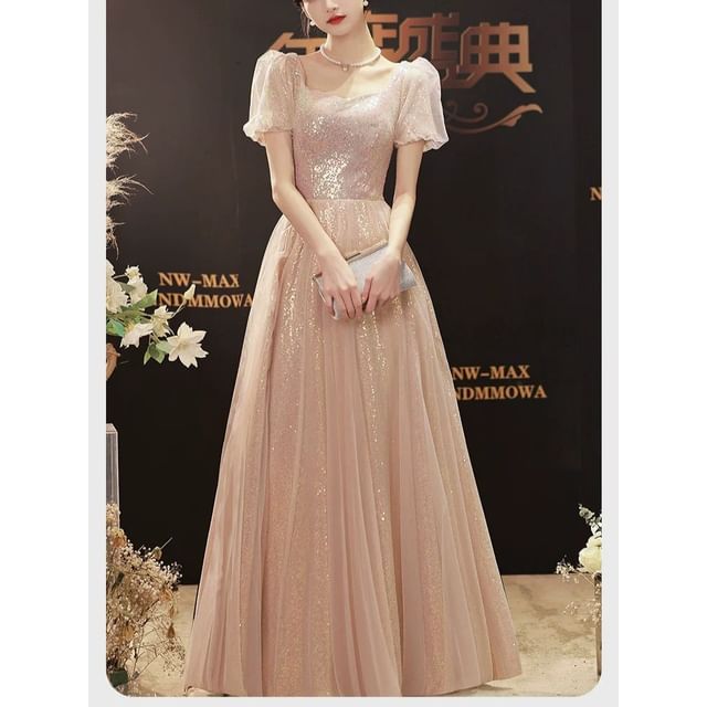 Lexama-Puff-Sleeve Sequin A-Line Evening Gown