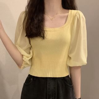 Sisyphi-Short-Sleeve Square Neck Plain Knit Top