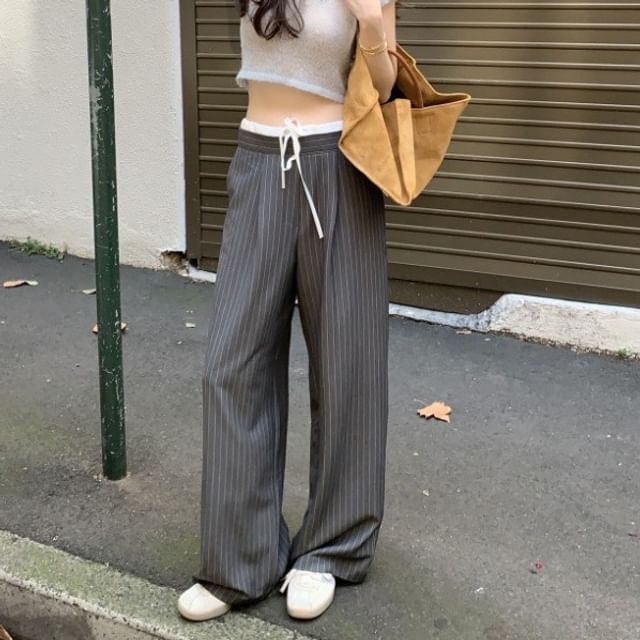 Tulstrix-Drawstring Waist Pinstriped Panel Wide Leg Suit Pants