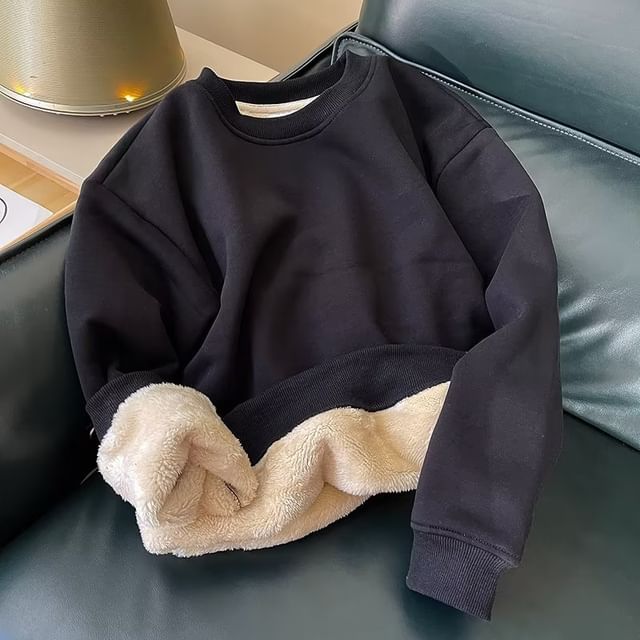 Wewewow-Crewneck Fleece Lined Plain Sweatshirt