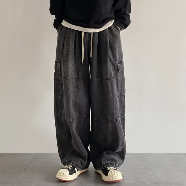 Nightbell-Drawstring Waist Washed Wide Leg Cargo Jeans