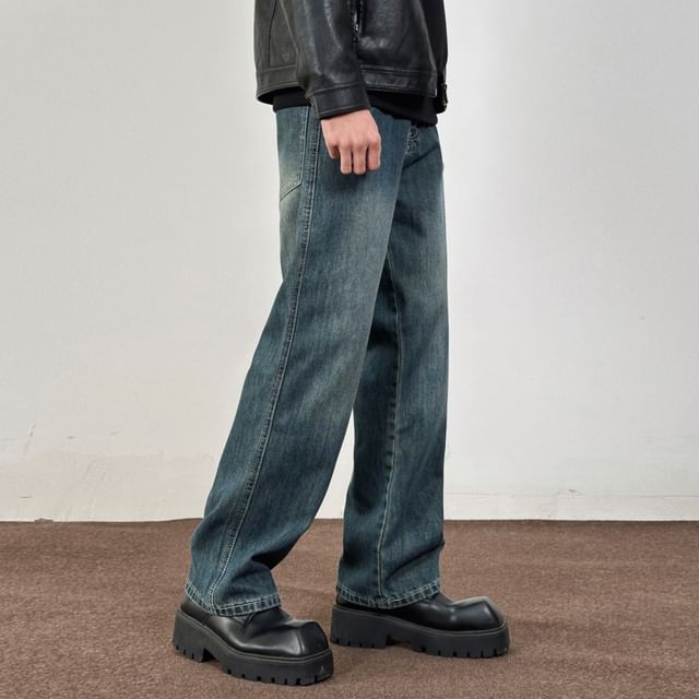 DragonRoad-Mid Rise Washed Straight Leg Jeans
