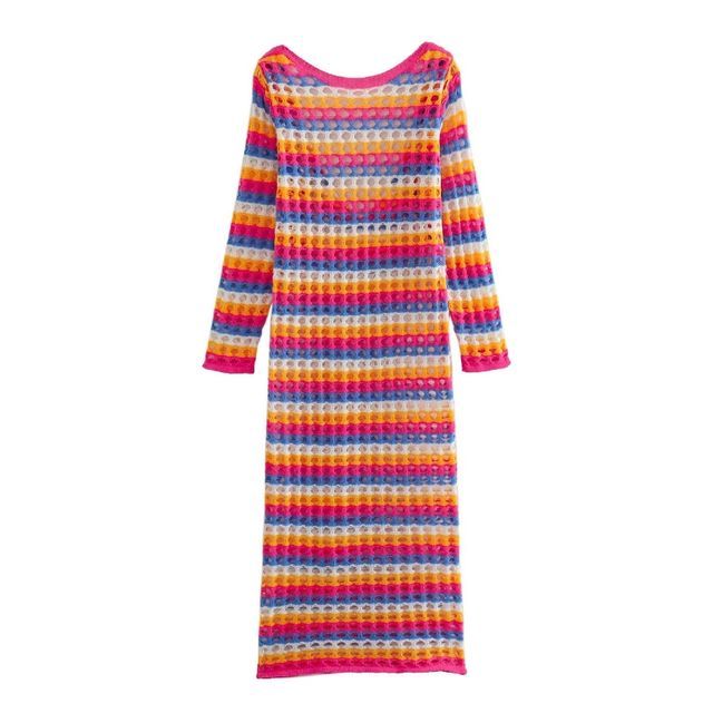 Avauntgardo - Long-Sleeve Boat Neck Rainbow Stripe Knit Maxi Dress |  YesStyle