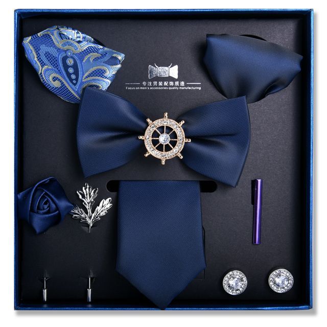 NINIRUSI Set: Print Neck Tie + Pocket Square + Tie Clip + Cufflinks (Various Designs) Blue/Silver One Size