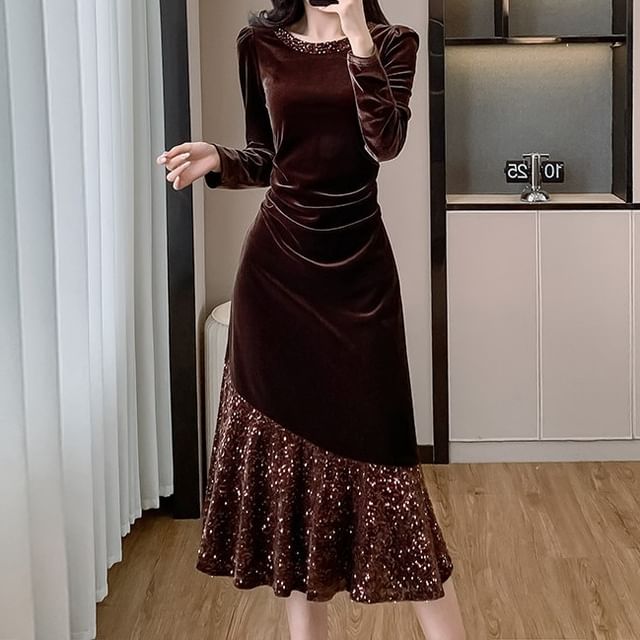 Aurora - Long Sleeve Round Neck Plain Sequin Velvet Mermaid Midi Dress |  YesStyle