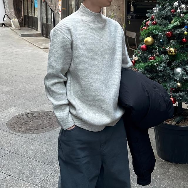 Okwano-Mock Neck Plain Oversized Sweater