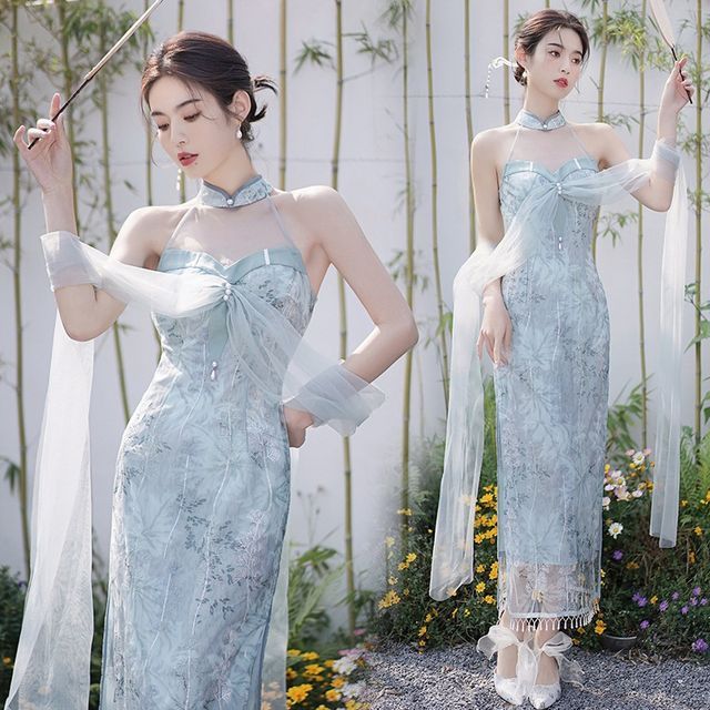 Tangier - Traditional Chinese Halter Neck Embroidered Fringed Mesh Panel  Maxi Sheath Dress | YesStyle