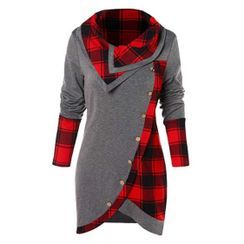 Cotre - Long-Sleeve Plaid Panel Cowl-Neck Tunic Top