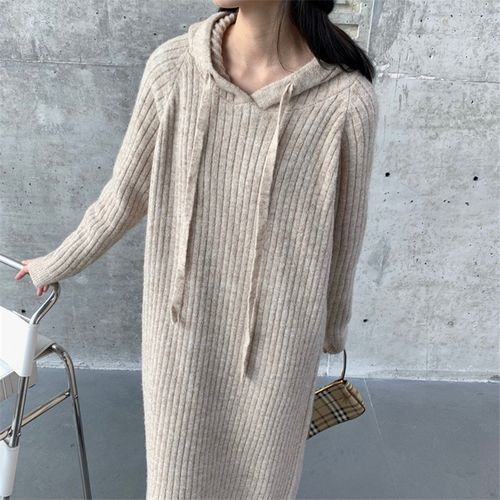 Un1Uno Plain Ribbed Midi Knit Hoodie Dress YesStyle