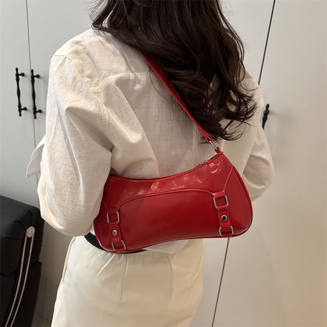 Mulgam-Plain Buckled Faux Leather Shoulder Bag