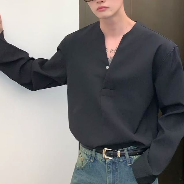 Urtishia-Long-Sleeve V-Neck Plain Shirt