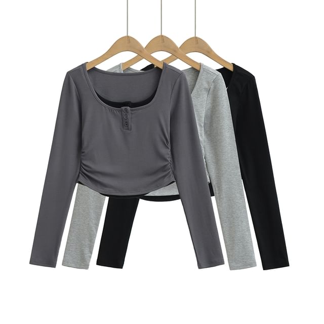 Ulark-Long-Sleeve Square Neck Henley Plain Crop Top