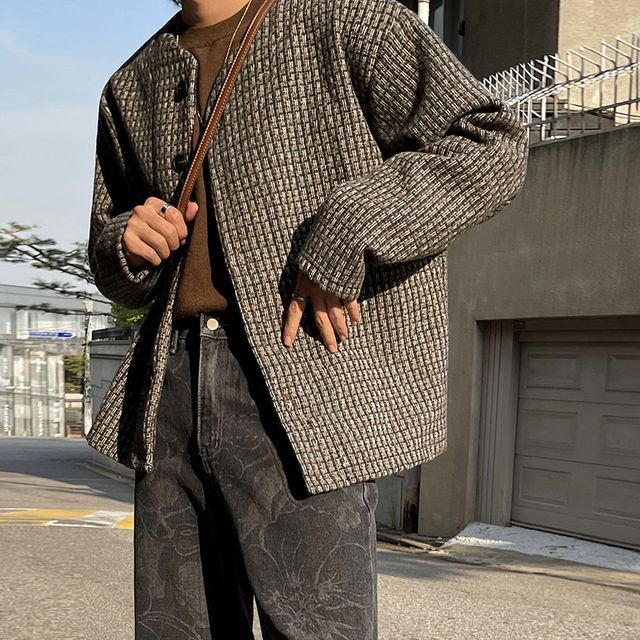 MRCYC-Round Neck Plaid Woven Button-Up Jacket
